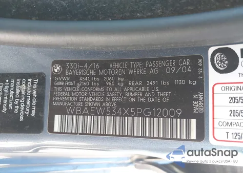 2005 BMW 330Xi z USA, uszkodzony, nr VIN WBAEW534X5PG12009